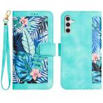 For Samsung Galaxy S24 FE 5G Floral Pattern Leather Phone Case with Lanyard(Green)