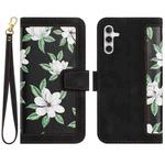 For Samsung Galaxy S24 FE 5G Floral Pattern Leather Phone Case with Lanyard(Black)