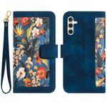 For Samsung Galaxy S24 FE 5G Floral Pattern Leather Phone Case with Lanyard(Dark Blue)