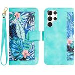 For Samsung Galaxy S23 Ultra 5G Floral Pattern Leather Phone Case with Lanyard(Green)
