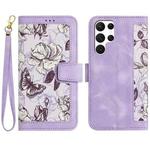 For Samsung Galaxy S23 Ultra 5G Floral Pattern Leather Phone Case with Lanyard(Light Purple)