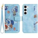 For Samsung Galaxy S23+ 5G Floral Pattern Leather Phone Case with Lanyard(Light Blue)