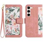 For Samsung Galaxy S23+ 5G Floral Pattern Leather Phone Case with Lanyard(Pink)