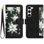 For Samsung Galaxy S23+ 5G Floral Pattern Leather Phone Case with Lanyard(Black)