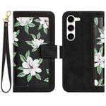 For Samsung Galaxy S23 5G Floral Pattern Leather Phone Case with Lanyard(Black)