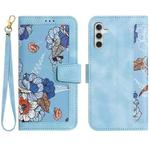 For Samsung Galaxy S23 FE 5G Floral Pattern Leather Phone Case with Lanyard(Light Blue)