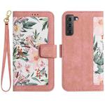 For Samsung Galaxy S22+ 5G Floral Pattern Leather Phone Case with Lanyard(Pink)