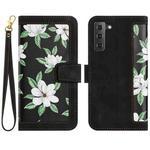 For Samsung Galaxy S22 5G Floral Pattern Leather Phone Case with Lanyard(Black)