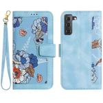 For Samsung Galaxy S21+ 5G Floral Pattern Leather Phone Case with Lanyard(Light Blue)