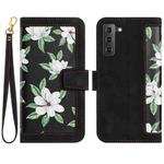 For Samsung Galaxy S21+ 5G Floral Pattern Leather Phone Case with Lanyard(Black)