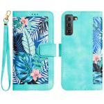 For Samsung Galaxy S21 5G Floral Pattern Leather Phone Case with Lanyard(Green)