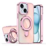 For iPhone 15 Plating Gradient Discolor MagSafe Holder Phone Case(Clear Pink)