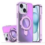 For iPhone 15 Plating Gradient Discolor MagSafe Holder Phone Case(Clear Purple)