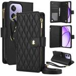 For OPPO A3 4G / 5G Global / A3X 4G / 5G India Rhombic Zipper Card Wallet Leather Phone Case with Lanyard(Black)