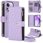 For OPPO A3 4G / 5G Global / A3X 4G / 5G India Rhombic Zipper Card Wallet Leather Phone Case with Lanyard(Light Purple)