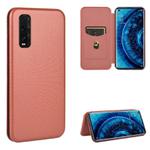 For OPPO Find X2 Carbon Fiber Texture Horizontal Flip TPU + PC + PU Leather Case with Card Slot(Brown)