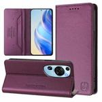 For Huawei P60 Art RC01 Dual-Folded Magnetic Suction RFID Leather Phone Case(Violet)