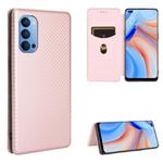 For OPPO Reno4 4G Carbon Fiber Texture Horizontal Flip TPU + PC + PU Leather Case with Card Slot(Pink)