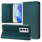For OPPO Reno12 5G Global RC01 Dual-Folded Magnetic Suction RFID Leather Phone Case(Dark Green)