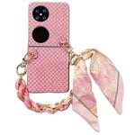 For Huawei P50 Pocket Sparkling Diamond Rhombus PC Phone Case with Silk Scarf Bracelet(Pink)