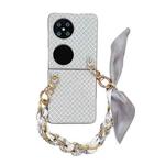 For Huawei P50 Pocket Sparkling Diamond Rhombus PC Phone Case with Silk Scarf Bracelet(Silver)