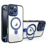 For iPhone 16 Pro Full Coverage Lens Film MagSafe Holder Transparent Phone Case(Black+Blue)