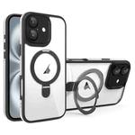 For iPhone 16 Full Coverage Lens Film MagSafe Holder Transparent Phone Case(Black+White)