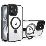 For iPhone 16 Full Coverage Lens Film MagSafe Holder Transparent Phone Case(Black)