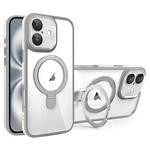 For iPhone 16 Full Coverage Lens Film MagSafe Holder Transparent Phone Case(Grey+White)