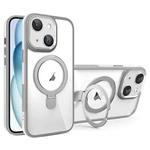 For iPhone 15 Full Coverage Lens Film MagSafe Holder Transparent Phone Case(Grey+White)