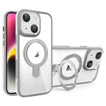 For iPhone 14 Full Coverage Lens Film MagSafe Holder Transparent Phone Case(Grey+White)