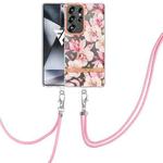 For Samsung Galaxy S25 Ultra 5G Flowers and Plants Series IMD TPU Phone Case with Lanyard(Pink Gardenia)