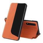 For Huawei P20 Side Display Shockproof Horizontal Flip Leather Case with Holder & Call Answering Function & Sleep / Wake-up(Orange)
