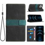 For iPhone 16 Pro Grid Stitching Leather Phone Case with Lanyard(Black)