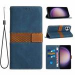 For iPhone 16 Plus Grid Stitching Leather Phone Case with Lanyard(Blue)