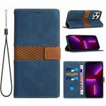 For iPhone 15 Pro Max Grid Stitching Leather Phone Case with Lanyard(Blue)