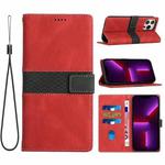 For iPhone 15 Plus Grid Stitching Leather Phone Case with Lanyard(Red)