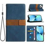 For iPhone 14 Grid Stitching Leather Phone Case with Lanyard(Blue)