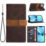 For iPhone 14 Grid Stitching Leather Phone Case with Lanyard(Brown)