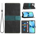 For iPhone 14 Grid Stitching Leather Phone Case with Lanyard(Black)