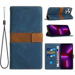 For iPhone 14 Pro Grid Stitching Leather Phone Case with Lanyard(Blue)