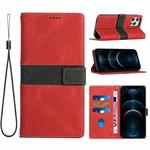 For iPhone 12 Pro Max Grid Stitching Leather Phone Case with Lanyard(Red)