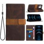 For iPhone 12 mini Grid Stitching Leather Phone Case with Lanyard(Brown)