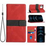 For iPhone 12 mini Grid Stitching Leather Phone Case with Lanyard(Red)