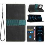 For iPhone 12 mini Grid Stitching Leather Phone Case with Lanyard(Black)