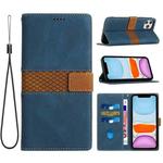 For iPhone 11 Pro Max Grid Stitching Leather Phone Case with Lanyard(Blue)
