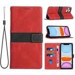 For iPhone 11 Pro Max Grid Stitching Leather Phone Case with Lanyard(Red)