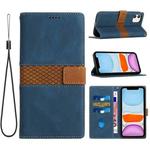For iPhone 11 Grid Stitching Leather Phone Case with Lanyard(Blue)