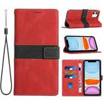 For iPhone 11 Grid Stitching Leather Phone Case with Lanyard(Red)