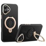 For iPhone 16 Plus Carbon Fiber MagSafe Phone Case with 360 Degree Rotating Holder(Black Gold)